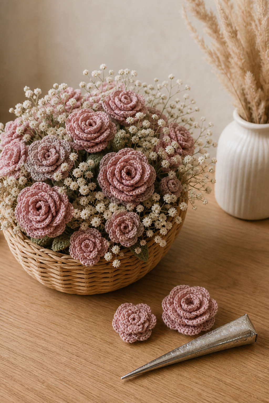 Studio table with a henna cone and a basket of handmade crochet roses