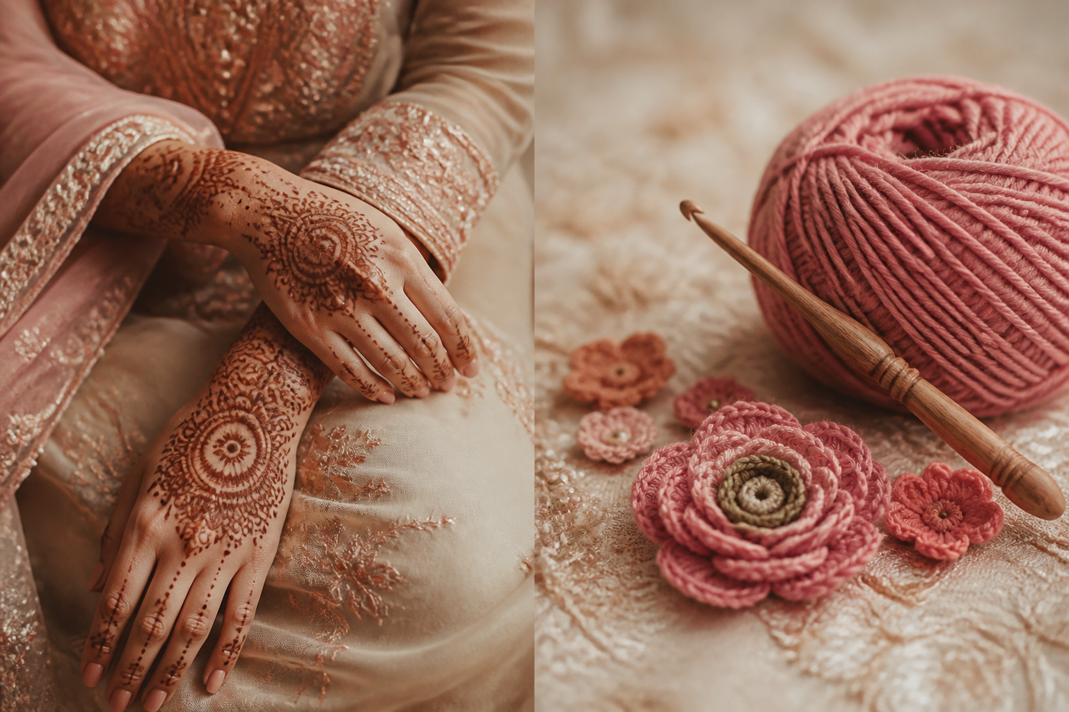 Elegant Indian bridal henna on hands beside dusty rose yarn and crochet flowers